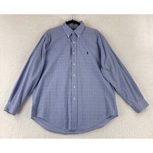 Ralph Lauren Button-Down Dress Shirt Men Large Blue Plaid Long Sleeve VTG Cotton